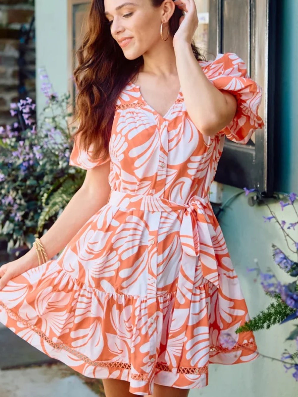Mary Square Addison Sail Away Coral Puff Sleeve Mini Dress L Coastal Preppy NWT